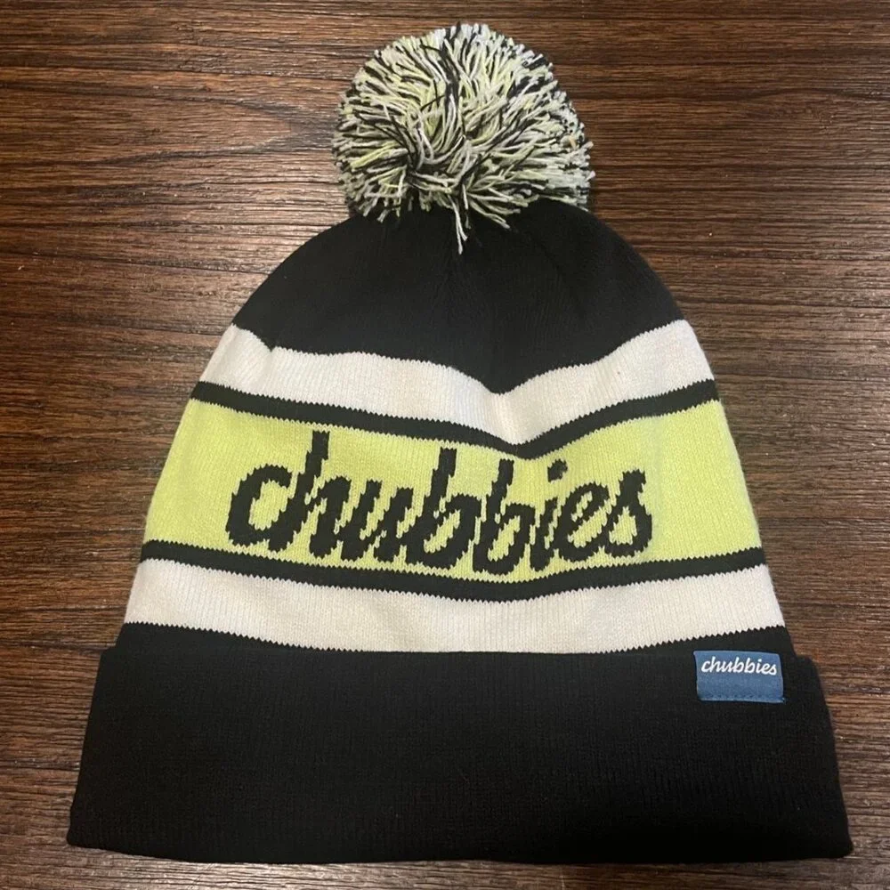 Chubbies Beanie The Lime-o Pom Hat Black Lime Green Striped Foldover Retro Fun